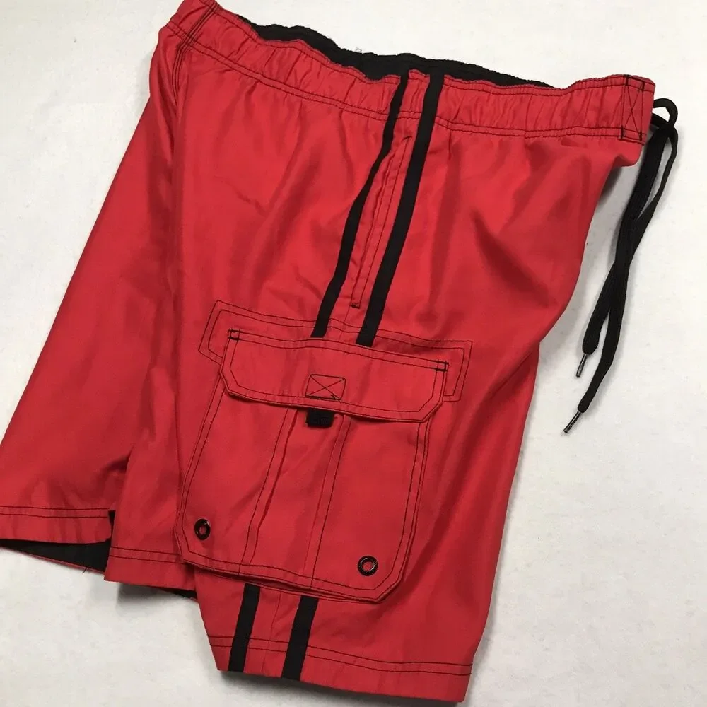 Vintage OP OCEAN PACIFIC Cargo Board Swim Trunks Men L 36W Red Mesh Lined